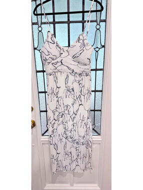 Banana Republic Print Plissé Midi Dress white w/ black Wedding Formal Sz 10
